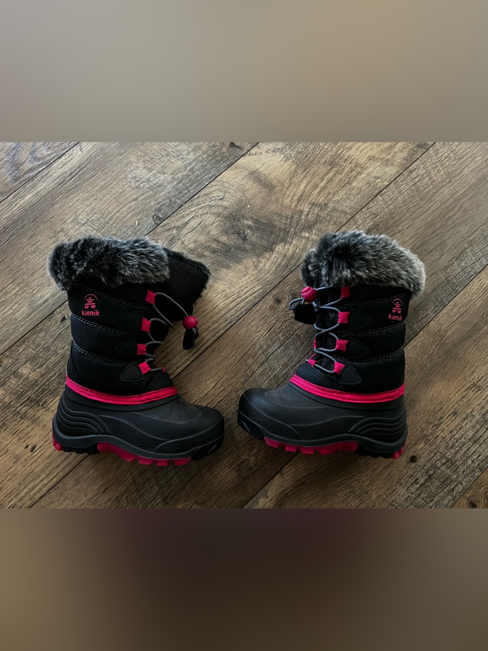 Kamik Snowangel Toddler Winter Snow Boots Black Pink Faux Fur Size 8T 🎀